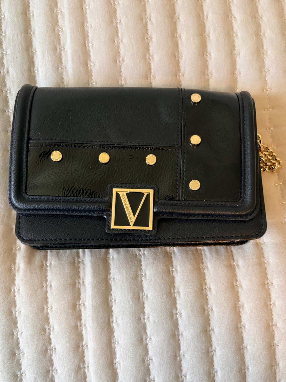 Victorias Secret Black Gold Studded Crossbody Bag Wallet Chain